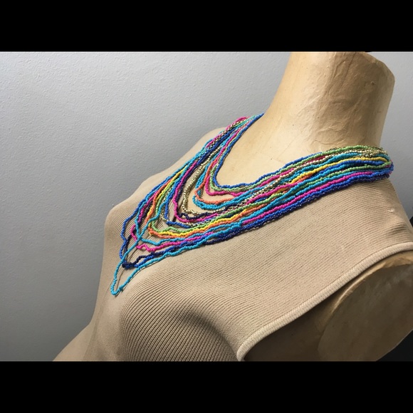 Multi Color Glass Seed & Multi Goldtone Chains Strand Boho Necklace 28" - Picture 5 of 12